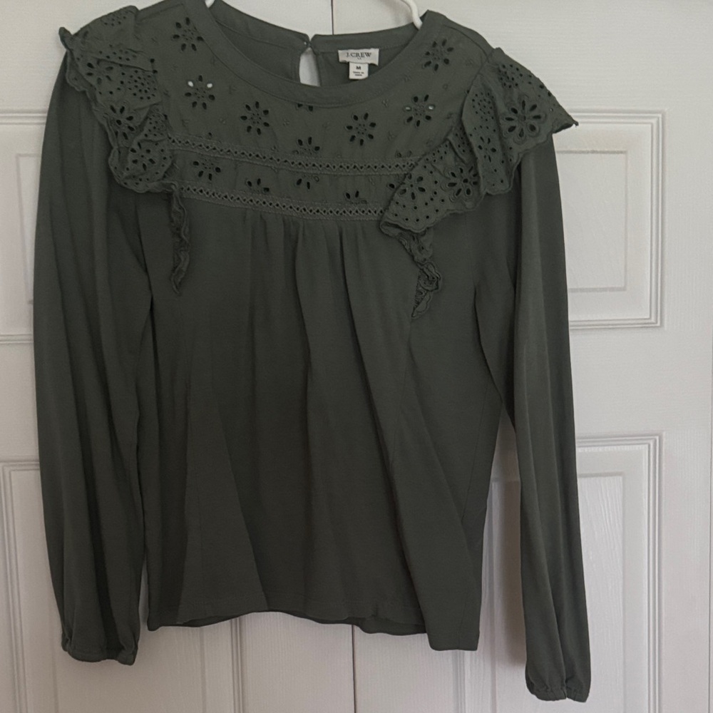 J. Crew Olive Green Eyelet-Yoke Long Sleeve Blouse